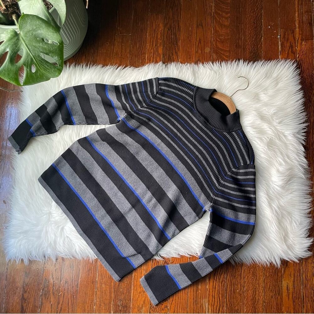 Charcoal Grey & Blue Stripe Mock Neck Sweater 100% cotton